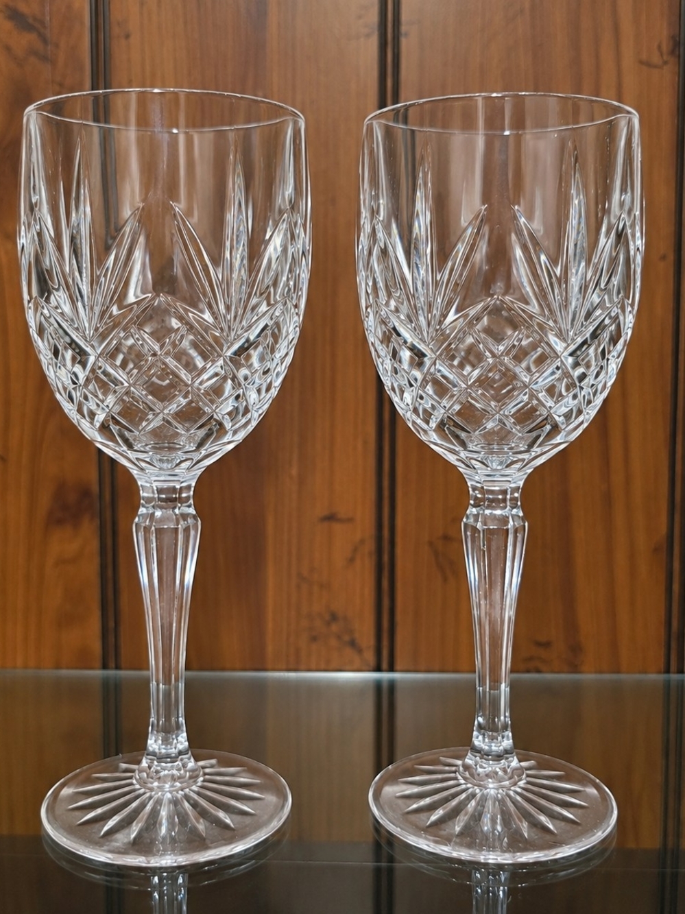 Vintage Cut Crystal Wine Goblets – Diamond & Fan Pattern – Set of 2